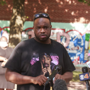 BLOOMINGTON, INDIANA, UNITED STATES - 2020/07/10: Vauhxx Booker, who was attacked during an alleged attempted lynching on the 4th of July at Monroe Lake, speaks during a press conference at Peoples Park in Bloomington.Booker, and his attorney are asking for a grand jury trial to investigate the assault. (Photo by Jeremy Hogan/SOPA Images/LightRocket via Getty Images)