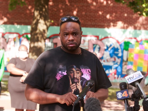 BLOOMINGTON, INDIANA, UNITED STATES - 2020/07/10: Vauhxx Booker, who was attacked during an alleged attempted lynching on the 4th of July at Monroe Lake, speaks during a press conference at Peoples Park in Bloomington.Booker, and his attorney are asking for a grand jury trial to investigate the assault. (Photo by Jeremy Hogan/SOPA Images/LightRocket via Getty Images)