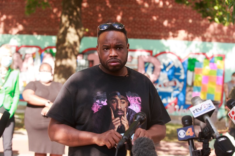 BLOOMINGTON, INDIANA, UNITED STATES - 2020/07/10: Vauhxx Booker, who was attacked during an alleged attempted lynching on the 4th of July at Monroe Lake, speaks during a press conference at Peoples Park in Bloomington.Booker, and his attorney are asking for a grand jury trial to investigate the assault. (Photo by Jeremy Hogan/SOPA Images/LightRocket via Getty Images)