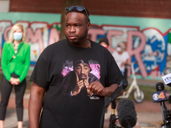 BLOOMINGTON, INDIANA, UNITED STATES - 2020/07/10: Vauhxx Booker, who was attacked during an alleged attempted lynching on the 4th of July at Monroe Lake, speaks during a press conference at Peoples Park in Bloomington.Booker, and his attorney are asking for a grand jury trial to investigate the assault. (Photo by Jeremy Hogan/SOPA Images/LightRocket via Getty Images)