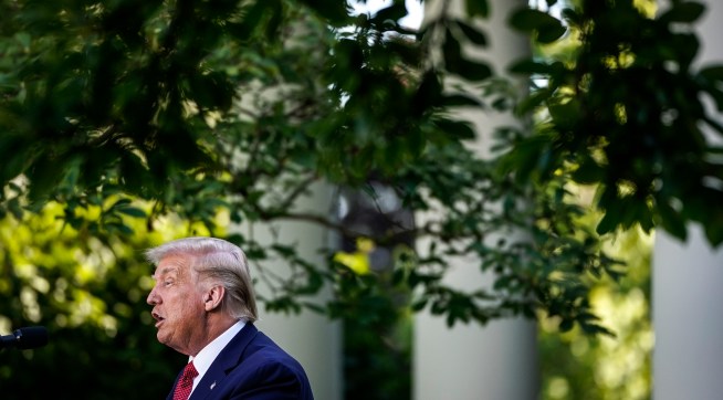 WASHINGTON, DC - JULY 14: U.S. President Donald Trump speaks to the press in the Rose Garden at the White House on July 14, 2020 in Washington, DC. President Trump spoke on several topics including Democratic presidential candidate Joe Biden, the stock market and relations with China as the coronavirus continues to spread in the U.S., with nearly 3.4 million confirmed cases. (Photo by Drew Angerer/Getty Images)