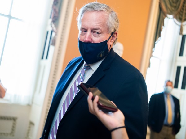 UNITED STATES - JULY 23: Mark Meadows, White House chief of staff, arrives to the Capitol for a meeting with Senate Majority Leader Mitch McConnell, R-Ky., about the COVID-19 relief plan, on Thursday, July 23, 2020. Treasury Secretary Steven Mnuchin, also attended. (Photo By Tom Williams/CQ Roll Call)