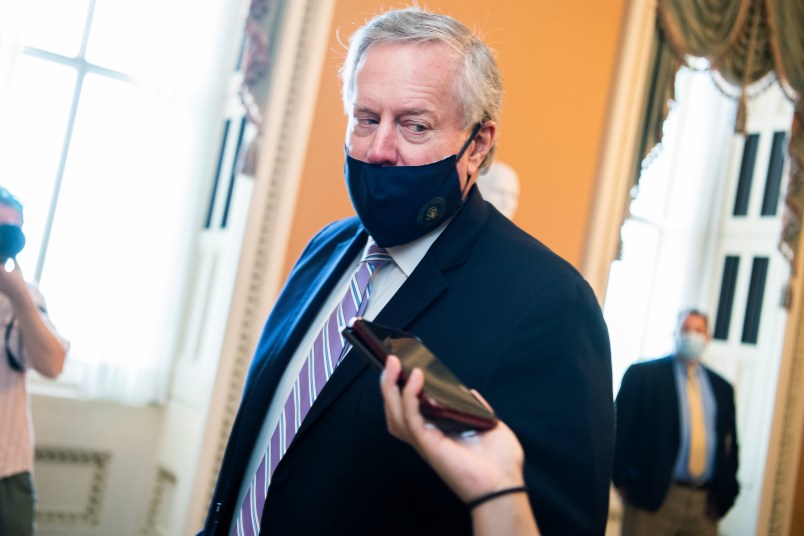 UNITED STATES - JULY 23: Mark Meadows, White House chief of staff, arrives to the Capitol for a meeting with Senate Majority Leader Mitch McConnell, R-Ky., about the COVID-19 relief plan, on Thursday, July 23, 2020. Treasury Secretary Steven Mnuchin, also attended. (Photo By Tom Williams/CQ Roll Call)