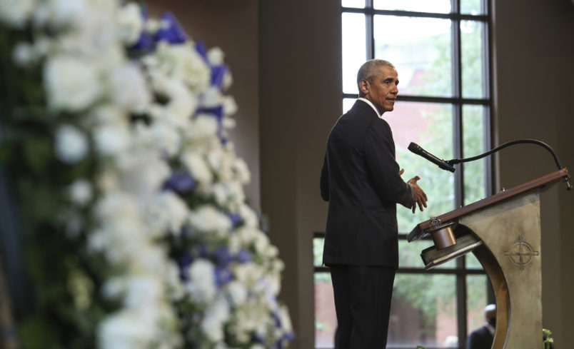 7/30/20 - Atlanta, GA -  Former President Barack Obama addresses the service.  On the sixth day of the “Celebration of Life” for Rep. John Lewis, his funeral is  held at Ebenezer Baptist Church in Atlanta, with burial to follow.   Alyssa Pointer / alyssa.pointer@ajc.com