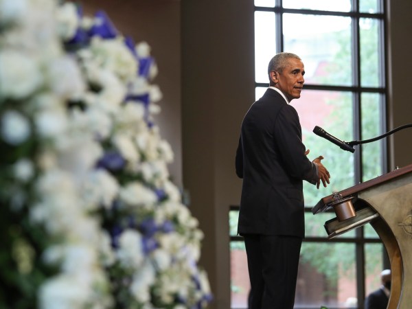 7/30/20 - Atlanta, GA -  Former President Barack Obama addresses the service.  On the sixth day of the “Celebration of Life” for Rep. John Lewis, his funeral is  held at Ebenezer Baptist Church in Atlanta, with burial to follow.   Alyssa Pointer / alyssa.pointer@ajc.com