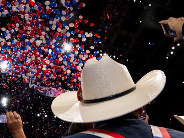 CLEVELAND, OHIO - JULY 21: Texas GOP delegates look to the ceiling of the Quicken Loans arena as balloons drop on the last day of the Republican National Convention on July 21, 2016 in Cleveland, Ohio. Photo by Ann Hermes/The Christian Science Monitor