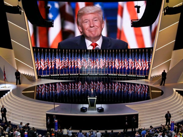 Republican presidential candidate Donald Trump smiles as he addresses delegates during the final day session of the Republican National Convention in Cleveland, Thursday, July 21, 2016. (AP Photo/Patrick Semansky)