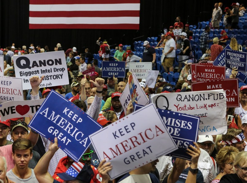 Trump supporters displaying QAnon posters appeared at President Donald J. Trump’s Make America Great Again rally Tuesday, July 31, 2018 at the Florida State Fair Grounds in Tampa Florida. (Photo by Thomas O'Neill/NurPhoto)