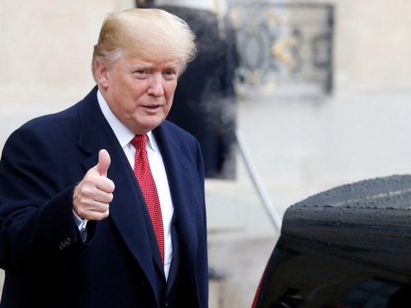 PARIS, FRANCE - NOVEMBER 10:  U.S. President Donald Trump leaves the Elysee Presidential Palace after his lunch with French President Emmanuel Macron and his wife Brigitte Macron on November 10, 2018 in Paris, France. President Trump is in Paris to participate in the international ceremony of the Armistice Centenary of 1918 at the Arc de Triomphe on November 11, 2018. Heads of State from around the world meet in Paris to commemorate the end of the first World War (WWI).  (Photo by Chesnot/Getty Images) *** Local Caption *** Donald Trump
