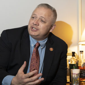 UNITED STATES - FEBRUARY 26: Rep. Denver Riggleman, R-Va., talks with a reporter in his office in Washington on Wednesday, Feb. 26, 2020. (Photo by Caroline Brehman/CQ Roll Call)