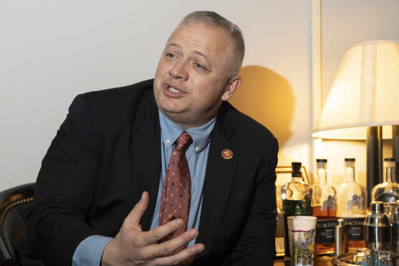 UNITED STATES - FEBRUARY 26: Rep. Denver Riggleman, R-Va., talks with a reporter in his office in Washington on Wednesday, Feb. 26, 2020. (Photo by Caroline Brehman/CQ Roll Call)