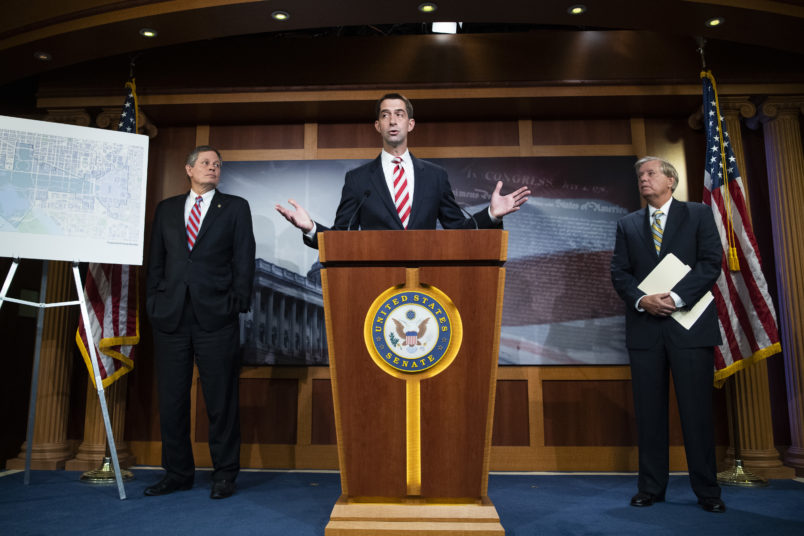 UNITED STATES - JULY 1: From left, Sens. Steve Daines, R-Mont., Tom Cotton, R-Ark., and Lindsey Graham, R-S.C., conduct a news conference to voice their opposition to D.C. statehood in Capitol on Wednesday, July 1, 2020. (Photo By Tom Williams/CQ Roll Call)