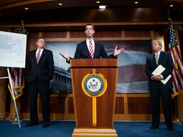 UNITED STATES - JULY 1: From left, Sens. Steve Daines, R-Mont., Tom Cotton, R-Ark., and Lindsey Graham, R-S.C., conduct a news conference to voice their opposition to D.C. statehood in Capitol on Wednesday, July 1, 2020. (Photo By Tom Williams/CQ Roll Call)