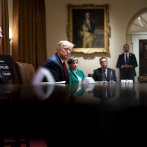 NYTVIRUS -  President Donald Trump makes remarks as he attends a meeting with the Arkansas Governor Asa Hutchinson and Kansas Governor Laura Kelly in the Cabinet Room of the White House, Wednesday, May 20, 2020.  ( Photo by Doug Mills/The New York Times)