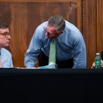 UNITED STATES - JULY 22: From left, Vice Chairman Mark Warner, D-Va., Sen. Richard Burr, R-N.C., and Acting Chairman Marco Rubio, R-Fla., attend a Senate Select Intelligence Committee confirmation hearing in Russell Building on Wednesday, July 22, 2020. Christopher Miller, nominee to be director of the National Counterterrorism Center, and Patrick Hovakimian, nominee to be general counsel of the office of the Director of National Intelligence, testified. (Photo By Tom Williams/CQ Roll Call)