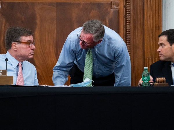 UNITED STATES - JULY 22: From left, Vice Chairman Mark Warner, D-Va., Sen. Richard Burr, R-N.C., and Acting Chairman Marco Rubio, R-Fla., attend a Senate Select Intelligence Committee confirmation hearing in Russell Building on Wednesday, July 22, 2020. Christopher Miller, nominee to be director of the National Counterterrorism Center, and Patrick Hovakimian, nominee to be general counsel of the office of the Director of National Intelligence, testified. (Photo By Tom Williams/CQ Roll Call)