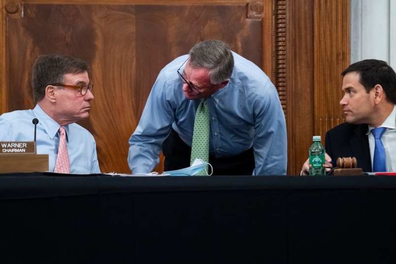 UNITED STATES - JULY 22: From left, Vice Chairman Mark Warner, D-Va., Sen. Richard Burr, R-N.C., and Acting Chairman Marco Rubio, R-Fla., attend a Senate Select Intelligence Committee confirmation hearing in Russell Building on Wednesday, July 22, 2020. Christopher Miller, nominee to be director of the National Counterterrorism Center, and Patrick Hovakimian, nominee to be general counsel of the office of the Director of National Intelligence, testified. (Photo By Tom Williams/CQ Roll Call)