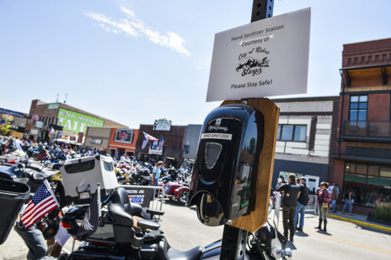 STURGIS, SD - AUGUST 07: A hand sanitizer station sits along Main Street during the 80th Annual Sturgis Motorcycle Rally on August 7, 2020 in Sturgis, South Dakota. While the rally usually attracts around 500,000 people, officials estimate that more than 250,000 people may still show up to this year's festival despite the coronavirus pandemic. (Photo by Michael Ciaglo/Getty Images)