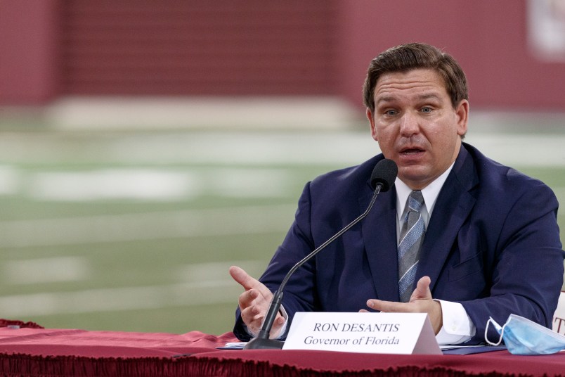TALLAHASSEE, FL - AUGUST 11: Florida Governor Ron DeSantis speaks during a collegiate athletics roundtable about fall sports at the Albert J. Dunlap Athletic Training Facility on the campus of Florida State University on August 11, 2020 in Tallahassee, Florida. (Photo by Don Juan Moore/Getty Images) *** Local Caption *** Ron DeSantis