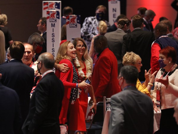 NYTRNC20A crowd mingles at the conclusion of President Trump’s speech to delegates in the Charlotte Convention Center’s Richardson Ballroom in Charlotte, NC on Monday, August 24. The delegates have gathered for the roll call vote to renominate Donald J. Trump to be President of the United States and Mike Pence to be Vice President.(Travis Dove for The New York Times)