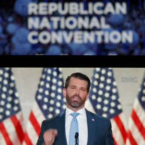 WASHINGTON, Aug. 25, 2020 -- Photo taken in Arlington, Virginia, the United States, Aug. 24, 2020 shows a computer screen displaying Donald Trump Jr., the U.S. president's eldest son, speaking during the 2020 Republican National Convention from Washington, D.C. U.S. President Donald Trump was nominated for a second term on Monday at the 2020 Republican National Convention in Charlotte, North Carolina, which has been scaled back due to the coronavirus pandemic. (Photo by Liu Jie/Xinhua via Getty)