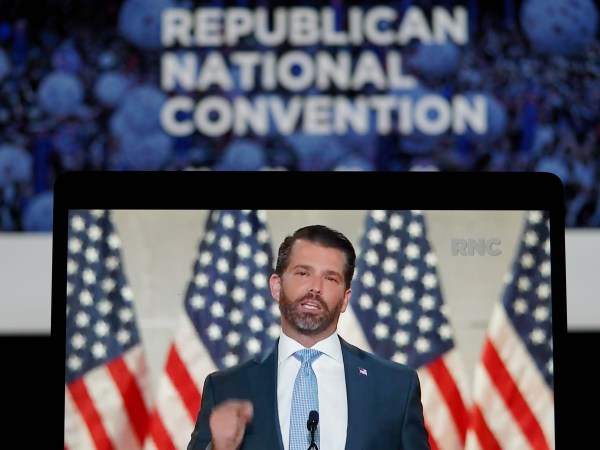 WASHINGTON, Aug. 25, 2020 -- Photo taken in Arlington, Virginia, the United States, Aug. 24, 2020 shows a computer screen displaying Donald Trump Jr., the U.S. president's eldest son, speaking during the 2020 Republican National Convention from Washington, D.C. U.S. President Donald Trump was nominated for a second term on Monday at the 2020 Republican National Convention in Charlotte, North Carolina, which has been scaled back due to the coronavirus pandemic. (Photo by Liu Jie/Xinhua via Getty)
