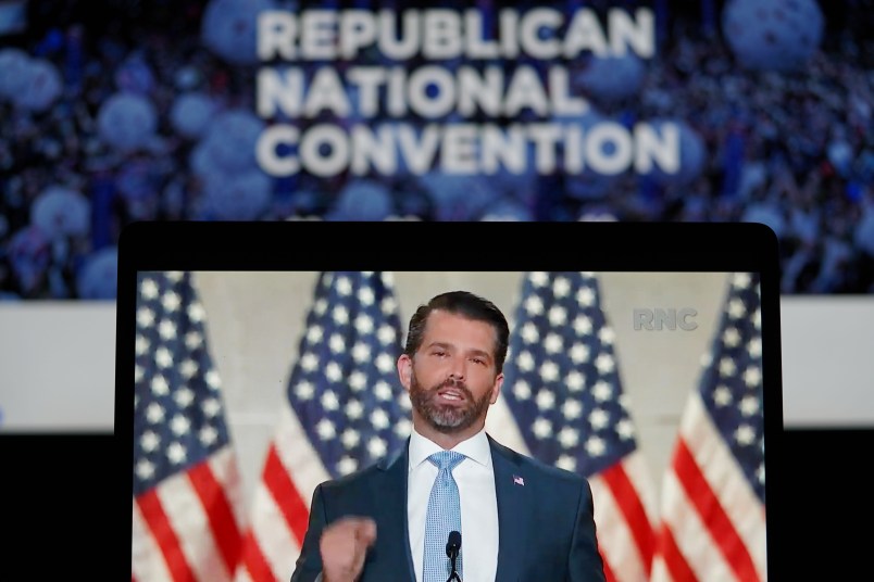 WASHINGTON, Aug. 25, 2020 -- Photo taken in Arlington, Virginia, the United States, Aug. 24, 2020 shows a computer screen displaying Donald Trump Jr., the U.S. president's eldest son, speaking during the 2020 Republican National Convention from Washington, D.C. U.S. President Donald Trump was nominated for a second term on Monday at the 2020 Republican National Convention in Charlotte, North Carolina, which has been scaled back due to the coronavirus pandemic. (Photo by Liu Jie/Xinhua via Getty)