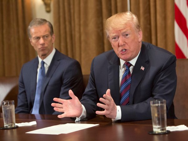 WASHINGTON, DC - APRIL 12: (AFP OUT)  U.S. President Donald Trump participates in a meeting on trade with governors and members of Congress at the White House on April 12, 2018 in Washington, DC. Seated left is Senator John Thune(R-SD). (Photo by Chris Kleponis - Pool/Getty Images)