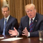 WASHINGTON, DC - APRIL 12: (AFP OUT)  U.S. President Donald Trump participates in a meeting on trade with governors and members of Congress at the White House on April 12, 2018 in Washington, DC. Seated left is Senator John Thune(R-SD). (Photo by Chris Kleponis - Pool/Getty Images)
