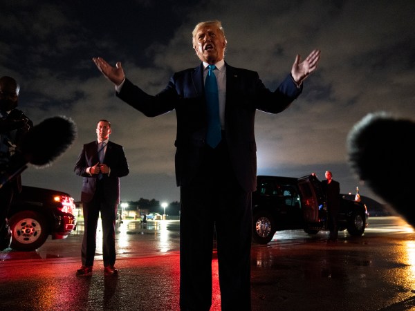 President Donald Trump talks with reporters at Andrews Air Force Base after attending a campaign rally in Latrobe, Pa., Thursday, Sept. 3, 2020, at Andrews Air Force Base, Md. (AP Photo/Evan Vucci)