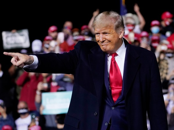 President Donald Trump wraps up his speech at a campaign rally at Fayetteville Regional Airport, Saturday, Sept. 19, 2020, in Fayetteville, N.C.  (AP Photo/Evan Vucci