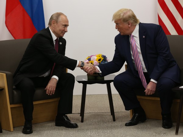 OSAKA, JAPAN - JUNE,28 (RUSSIA OUT) U.S. President Donald Trump (R) and Russian President Vladimir Putin (L) attend their bilateral meeting at the G20 Osaka Summit 2019, in Osaka, Japan, June,28,2019. Vladimir Putin has arrived to Japan to partcipate the G20 Osaka Summit and to meet U.S.President Donald Trump.  Photo by Mikhail Svetlov/Getty Images