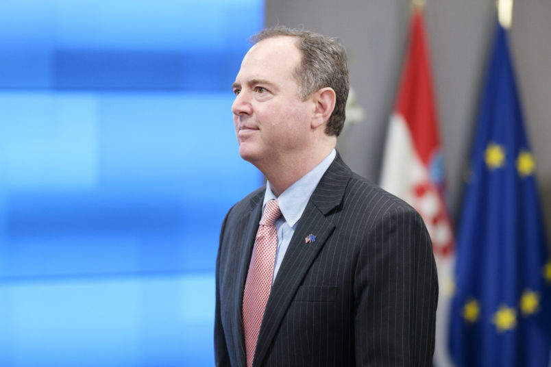 BRUSSELS, BELGIUM - FEBRUARY 17, 2020: Chair of the House Intelligence Committee Adam Bennett Schiff is leaving after a meeting with the President of the European Council (Unseen) in the Europa Building, the EU Council headquarters on February 17, 2020 in Brussels, Belgium. (Photo by Thierry Monasse/Getty Images)