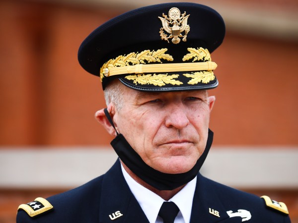 Gen. James McConville, the Chief of Staff of the US Army, attends a ceremony at the Kosciuszko Mound in Krakow, Poland, on August 4, 2020. The U.S. Army Chief of Staff announced today that V Corps Headquarters (Forward) will be located in Poland. (Photo by Beata Zawrzel/NurPhoto)