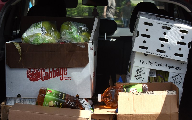 Boxes of food aid from the Second Harvest Food Bank of Central Florida are seen in the back of a car at a drive through food distribution event for the needy at Church in the Son on August 7, 2020 in Orlando, Florida. Food Banks in the Orlando area are bracing for a spike in demand as the $600 weekly enhanced unemployment benefits that the jobless have been receiving from the federal government expired at the end of July.  (Photo by Paul Hennessy/NurPhoto)