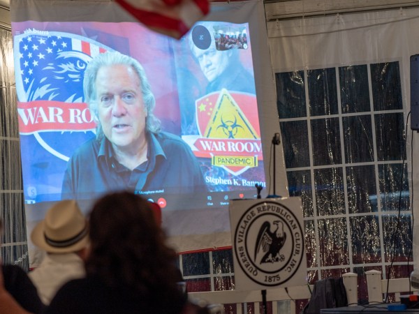 NEW YORK, UNITED STATES - 2020/09/03: Steve Bannon speaks with Trump supporters on Zoom at the Queens Village Republican Club meeting in Triple Crown Diner, Middle Village, Queens. (Photo by John Nacion/SOPA Images/LightRocket via Getty Images)