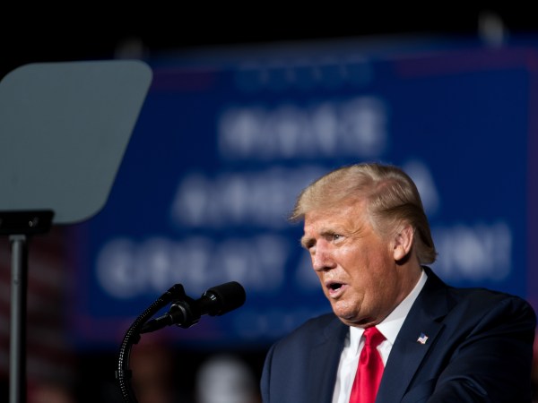 WINSTON SALEM, NC - SEPTEMBER 08: President Donald Trump addresses a crowd during a campaign rally at Smith Reynolds Airport on September 8, 2020 in Winston Salem, North Carolina. The president also made a campaign stop in South Florida on Tuesday. (Photo by Sean Rayford/Getty Images)