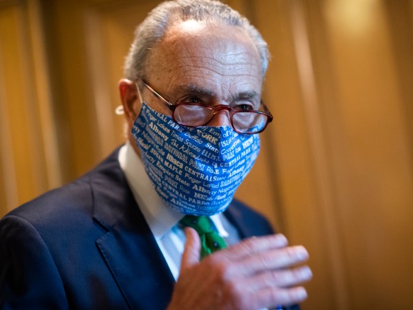 UNITED STATES - SEPTEMBER 10: Senate Minority Leader Charles Schumer, D-N.Y., talks with reporters during a procedural Senate vote on a coronavirus relief bill in the Capitol on Thursday, September 10, 2020. (Photo By Tom Williams/CQ Roll Call)