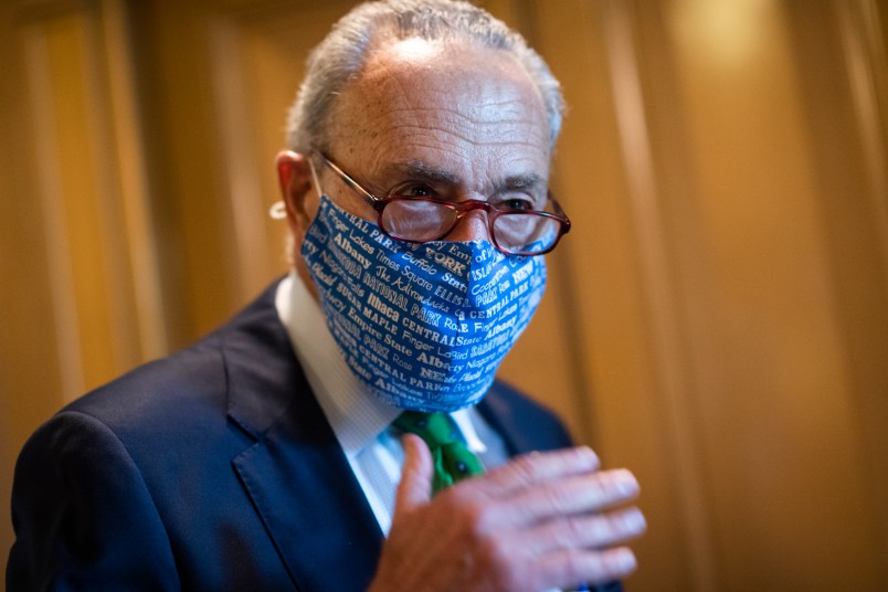 UNITED STATES - SEPTEMBER 10: Senate Minority Leader Charles Schumer, D-N.Y., talks with reporters during a procedural Senate vote on a coronavirus relief bill in the Capitol on Thursday, September 10, 2020. (Photo By Tom Williams/CQ Roll Call)