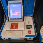 ANAHEIM, CA - SEPTEMBER 16:   A view of “I Voted” stickers and voting machine on display at the "Super Vote Center Site" for walk-in and drive-thru voting starting Oct. 30th at the Honda Center in Anaheim Wednesday, September 16, 2020. The OC Registrar of Voters held a media showcase and announced a new partnership with the Honda Center and the Anaheim Ducks organization to expand access to voting in the upcoming November 3, 2020 Presidential General Election. For the first time in history, Honda Center will serve as a Vote Center, which will provide a full-service voting experience to Orange County voters and opens October 30. (Allen J. Schaben / Los Angeles Times)