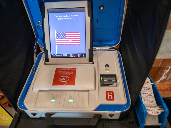 ANAHEIM, CA - SEPTEMBER 16:   A view of “I Voted” stickers and voting machine on display at the "Super Vote Center Site" for walk-in and drive-thru voting starting Oct. 30th at the Honda Center in Anaheim Wednesday, September 16, 2020. The OC Registrar of Voters held a media showcase and announced a new partnership with the Honda Center and the Anaheim Ducks organization to expand access to voting in the upcoming November 3, 2020 Presidential General Election. For the first time in history, Honda Center will serve as a Vote Center, which will provide a full-service voting experience to Orange County voters and opens October 30. (Allen J. Schaben / Los Angeles Times)