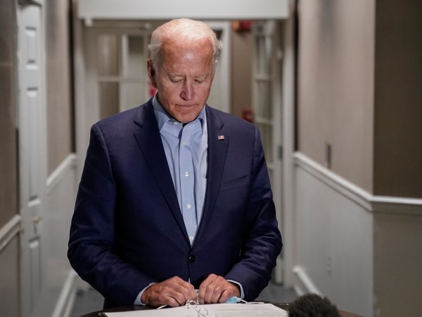 NEW CASTLE, DE - SEPTEMBER 18: Democratic presidential nominee and former Vice President Joe Biden speaks to reporters about the passing of Supreme Court Justice Ruth Bader Ginsburg upon arrival at New Castle County Airport after a trip to Duluth, Minnesota on September 18, 2020 in New Castle, Delaware. (Photo by Drew Angerer/Getty Images)