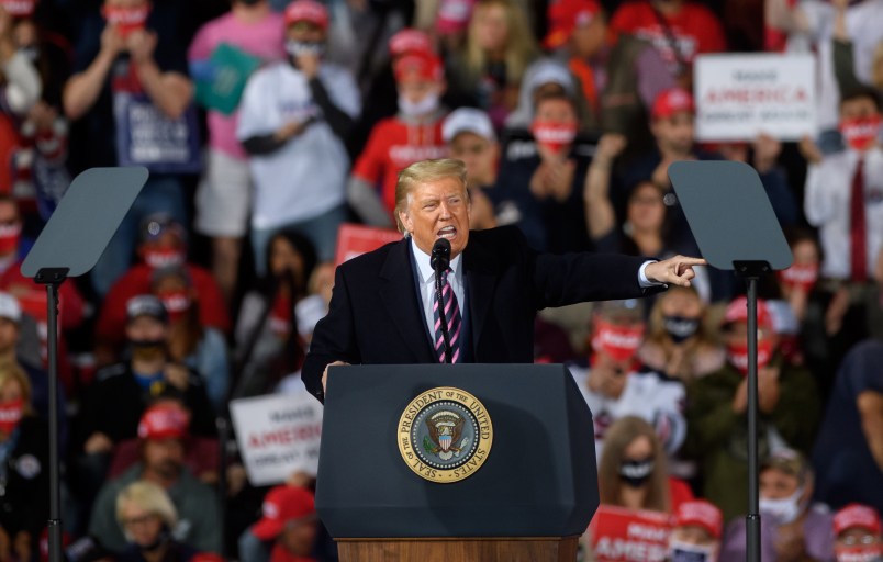 MOON TOWNSHIP, PA - SEPTEMBER 22: President Donald Trump speaks at a campaign rally at Atlantic Aviation on September 22, 2020 in Moon Township, Pennsylvania. (Photo by Jeff Swensen/Getty Images)