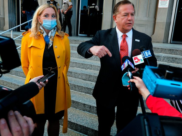 "The government choses to persecute us for doing no more than exercising our right to defend ourselves, our home, our property and our family,” says Mark McCloskey, addressing the press alongside his wife Patricia on Tuesday, Oct. 6, 2020, outside the Carnahan Courthouse. Their hearing scheduled for today was postponed until next week. The McCloskeys were charged in July with brandishing guns at protesters outside their Portland Place mansion in June. Photo by Laurie Skrivan, lskrivan@post-dispatch.com