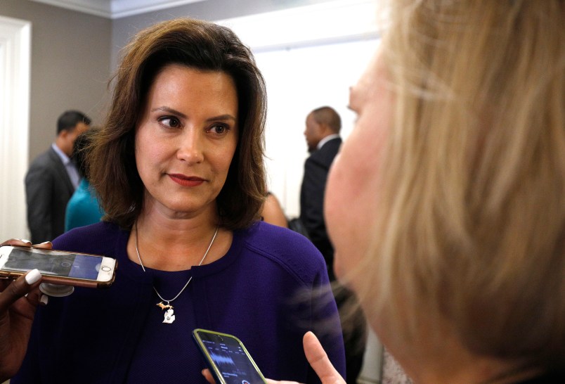 DETROIT, MI - AUGUST 8: Gretchen Whitmer, Michigan democratic gubernatorial nominee, speaks with a reporter after a Democrat Unity Rally at the Westin Book Cadillac Hotel August 7th, 2018 in Detroit, Michigan. Whitmer will face off against republican gubernatoral nominee Bill Schuette in November. (Photo by Bill Pugliano/Getty Images)