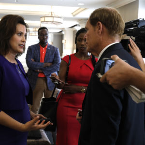 DETROIT, MI - AUGUST 8: Gretchen Whitmer, Michigan democratic gubernatorial nominee, speaks with reporters after a Democrat Unity Rally at the Westin Book Cadillac Hotel August 7th, 2018 in Detroit, Michigan. Whitmer will face off against republican gubernatoral nominee Bill Schuette in November. (Photo by Bill Pugliano/Getty Images)