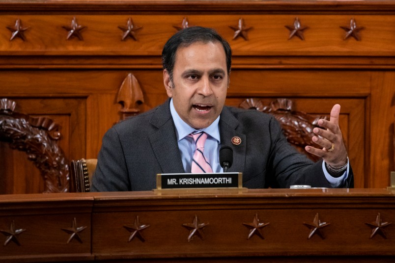 NYTIMPEACH Rep. Raja Krishnamoorthi (D-IL) questions Gordon Sondland, US Ambassador to the European Union, during a House Intelligence Committee impeachment inquiry hearing on Capitol Hill in Washington, DC on November 20, 2019. (Pool Photo by Samuel Corum for The New York Times)