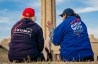 KANSAS CITY, MO - MARCH 07: A President Donald Trump and a former Vice President Joe Biden supporter converse before the Joe Biden Campaign Rally at the National World War I Museum and Memorial on March 7, 2020 in Kansas City, Missouri. (Photo by Kyle Rivas/Getty Images)