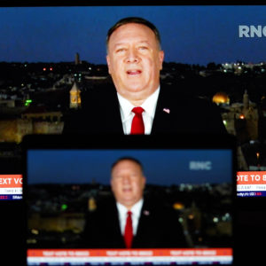 WASHINGTON, Aug. 26, 2020 -- Photo taken on Aug. 25, 2020 shows screens displaying U.S. Secretary of State Mike Pompeo giving a speech to the Republican National Convention (RNC) from Jerusalem. U.S. House Democrat Joaquin Castro on Tuesday announced that he had launched an investigation into Secretary of State Mike Pompeo's speech to the RNC on Tuesday night. (photo by Liu Jie/Xinhua via Getty)