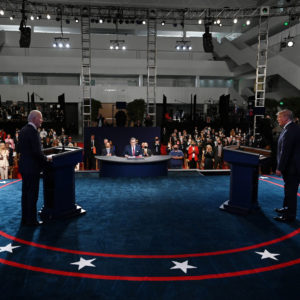 US President Donald Trump (R) and former Vice President and Democratic presidential nominee Joe Biden participate in the first presidential debate at the Health Education Campus of Case Western Reserve University on September 29, 2020 in Cleveland, Ohio. This is the first of three planned debates between the two candidates in the lead up to the election on November 3.